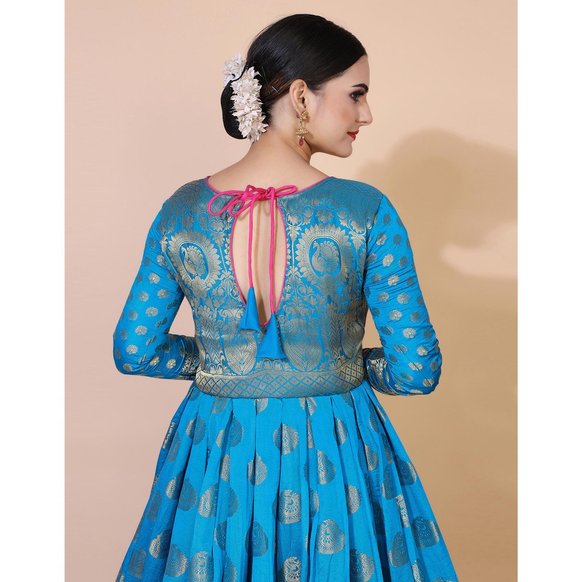 Blue Woven Jacquard Anarkali Style Gown