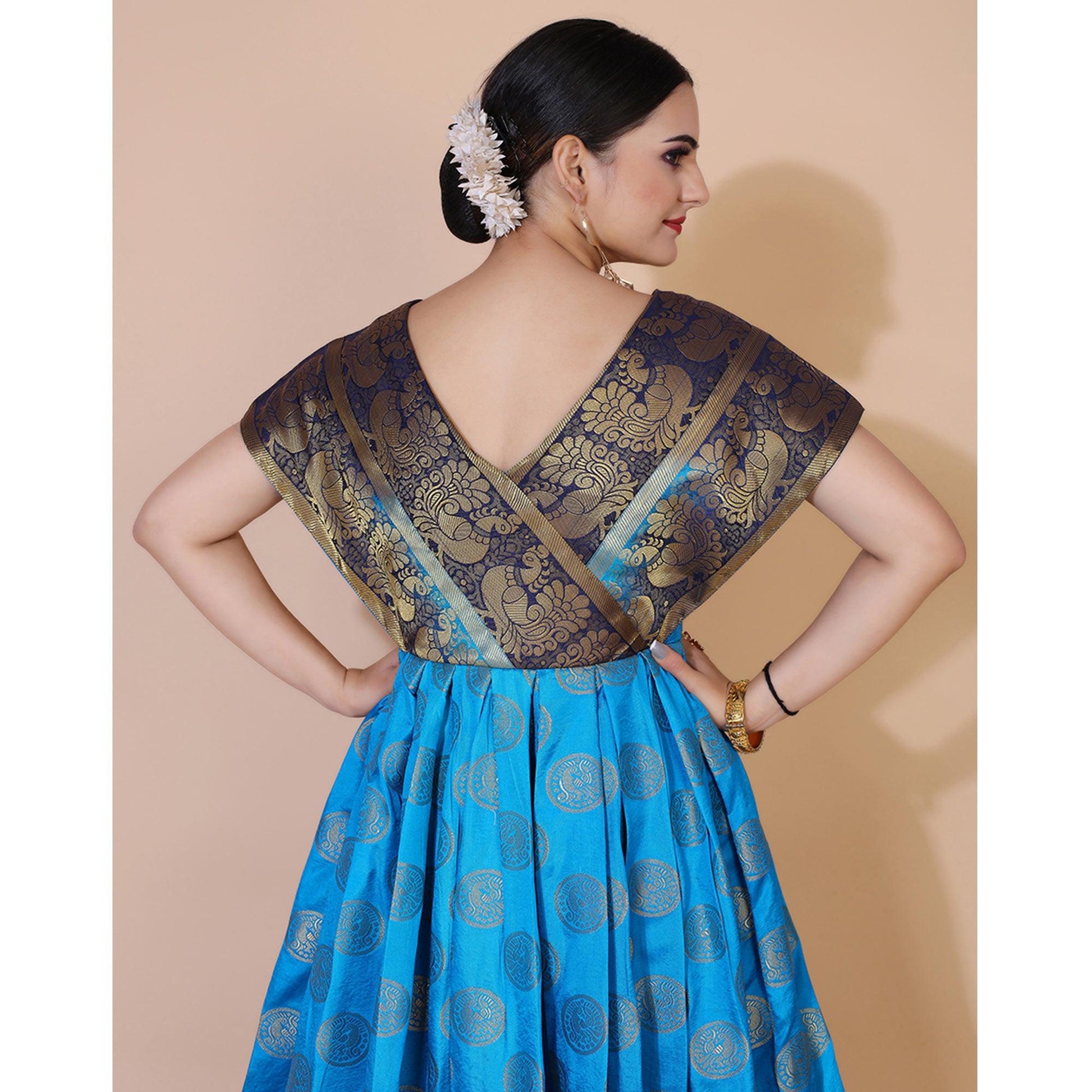 Blue Woven Jacquard Anarkali Style Gown