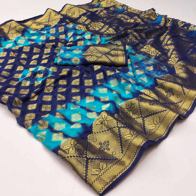 Blue Woven Jacquard Saree With Tassels