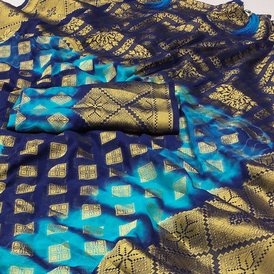 Blue Woven Jacquard Saree With Tassels