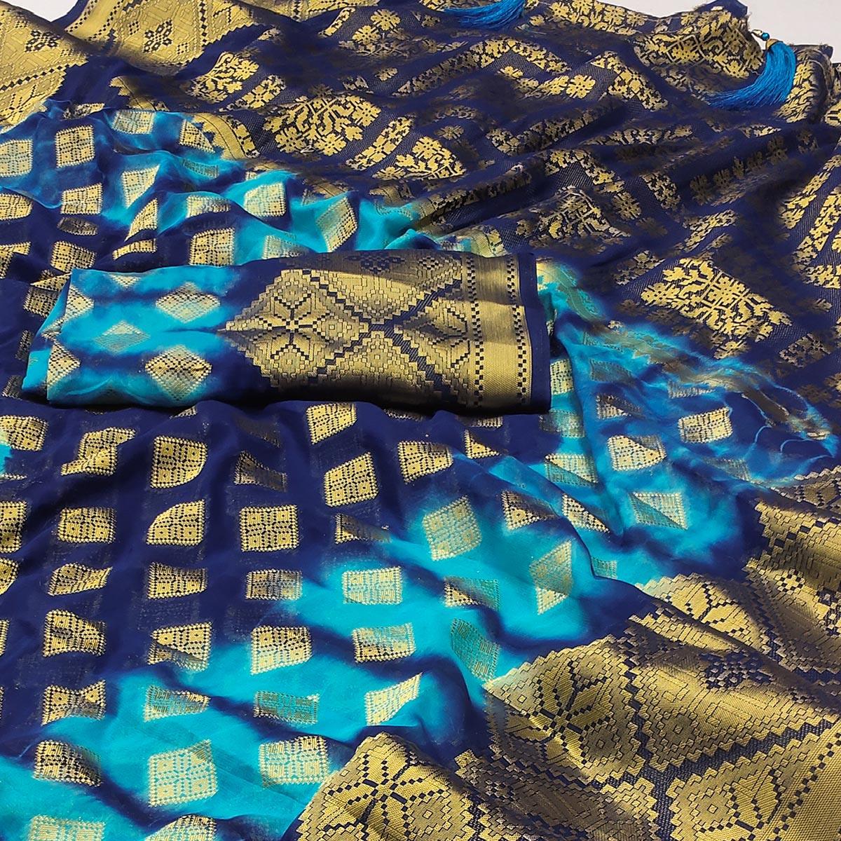 Blue Woven Jacquard Saree With Tassels