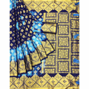 Blue Woven Jacquard Saree With Tassels