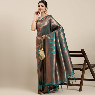 Blue Woven Kanjivaram Silk Saree With Tassels