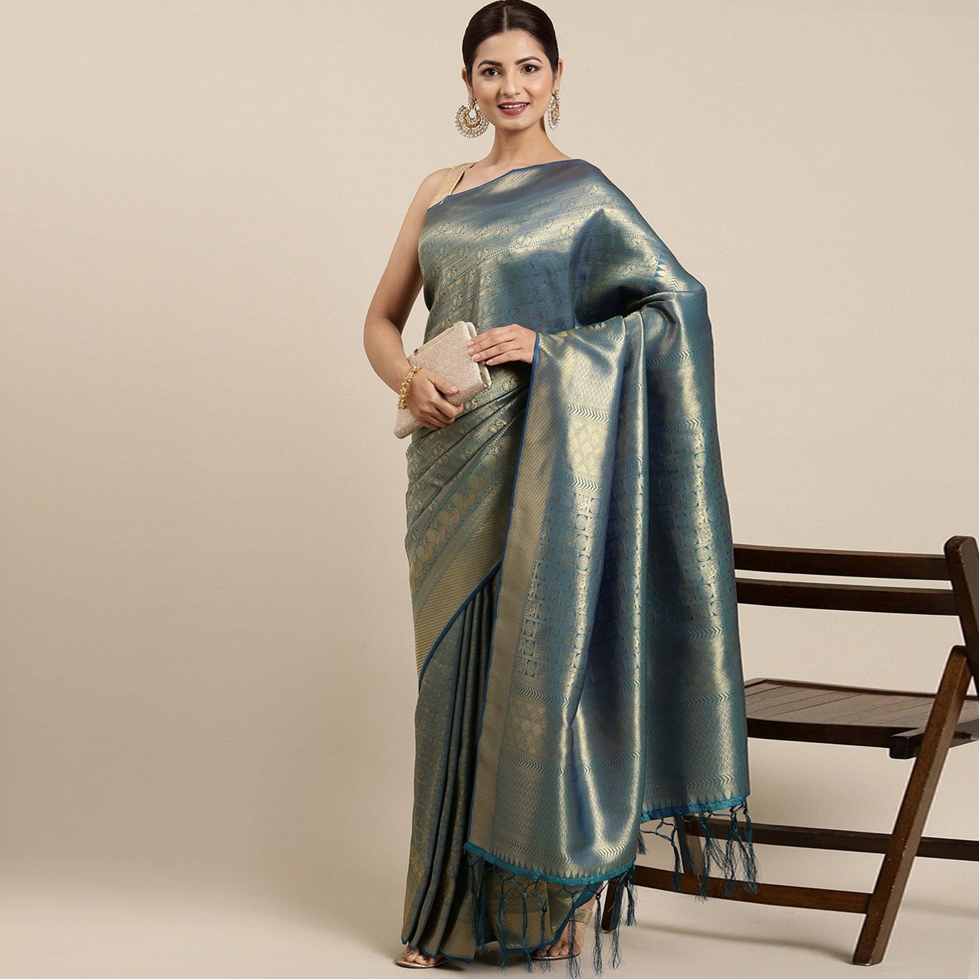 Blue Woven Kanjivaram Silk Saree With Tassels