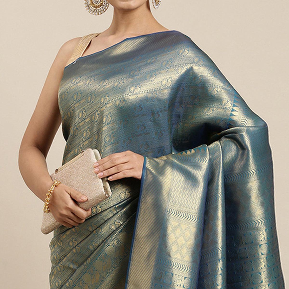 Blue Woven Kanjivaram Silk Saree With Tassels