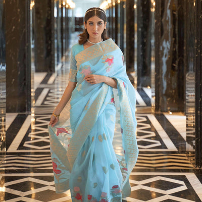 Blue Woven Linen Saree