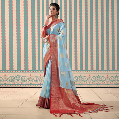 Blue Woven Linen Saree With Tassels