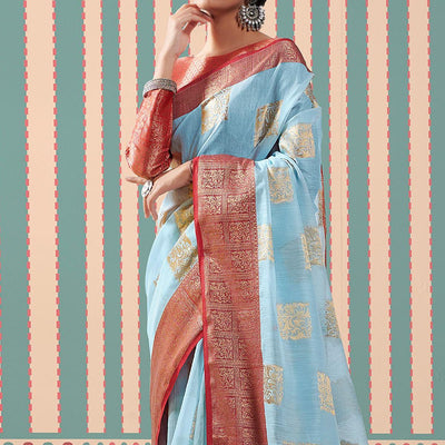 Blue Woven Linen Saree With Tassels