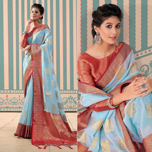 Blue Woven Linen Saree With Tassels