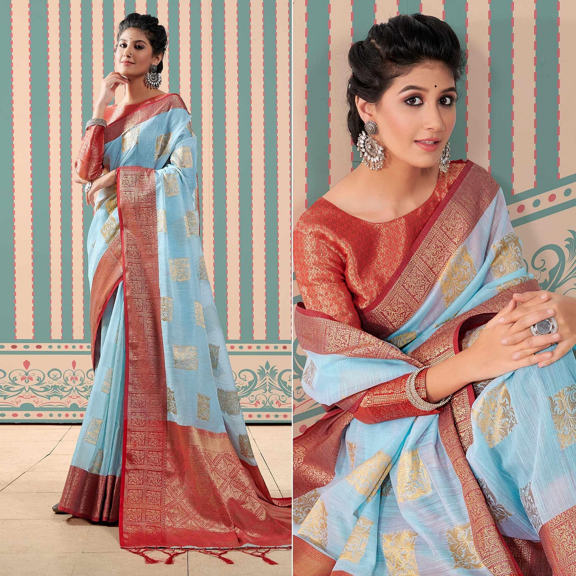 Blue Woven Linen Saree With Tassels