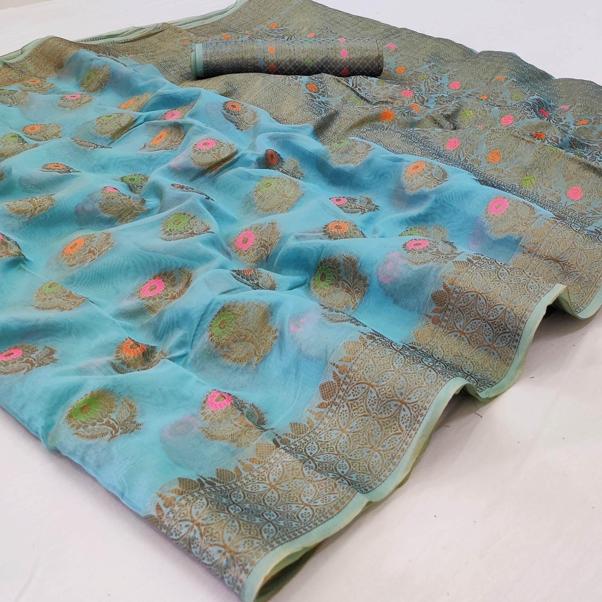 Blue Woven Organza Saree