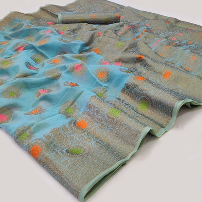Blue Woven Organza Saree