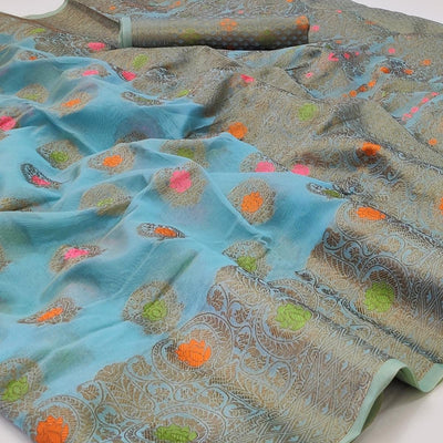 Blue Woven Organza Saree