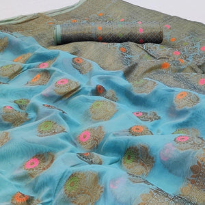 Blue Woven Organza Saree