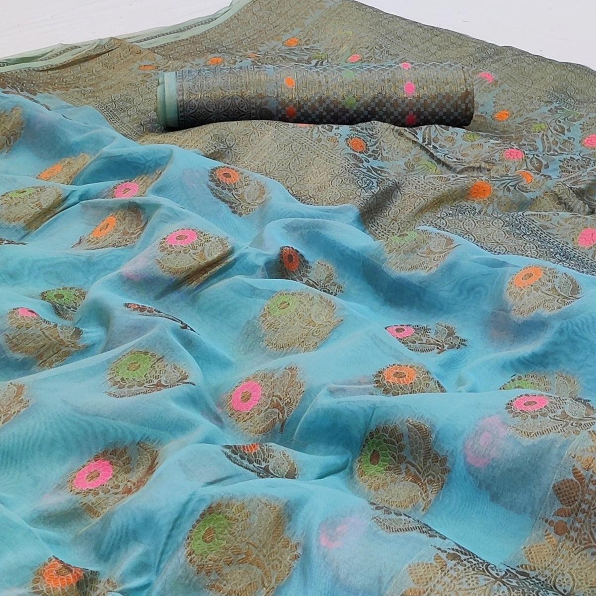 Blue Woven Organza Saree