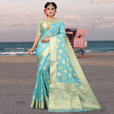 Blue Woven Organza Saree