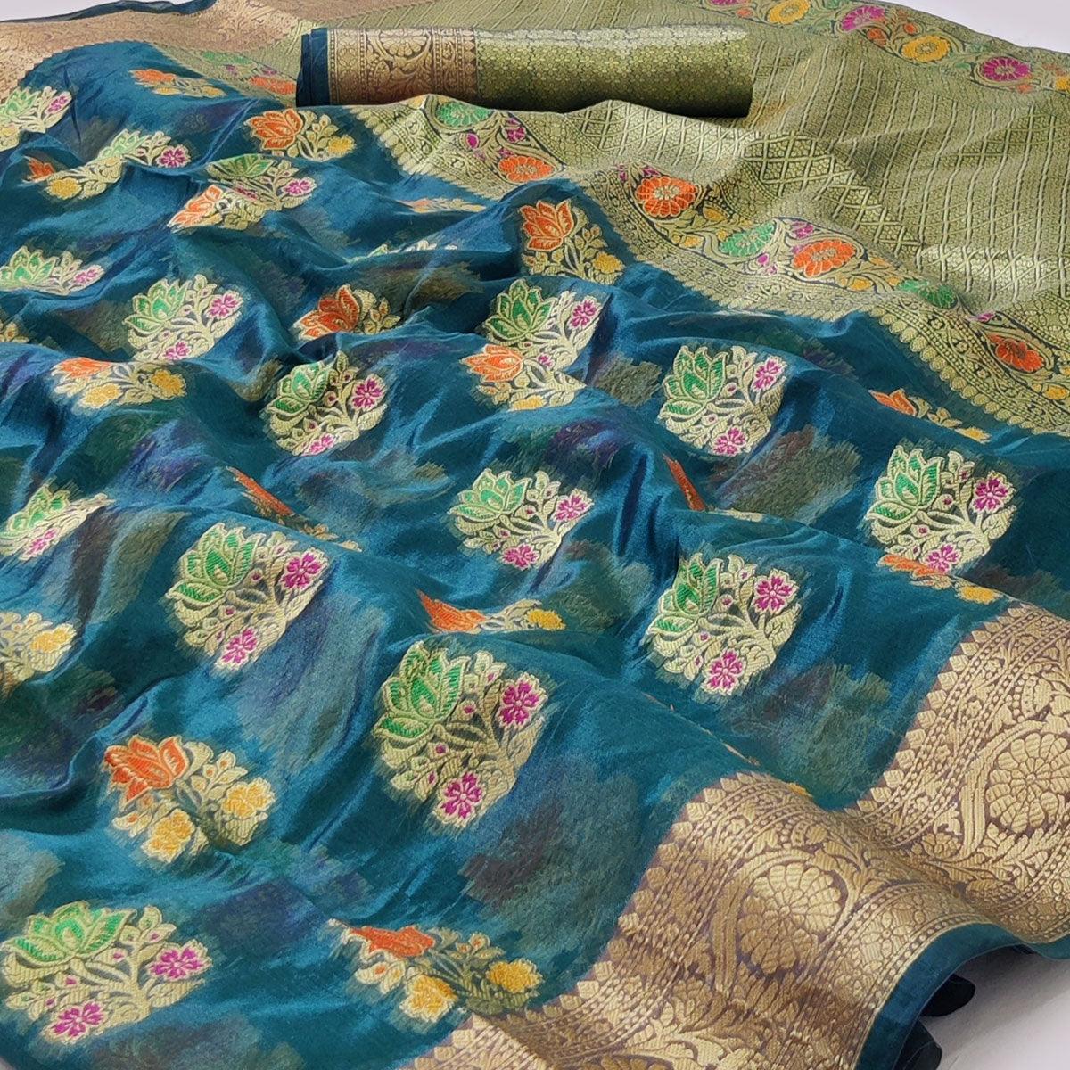 Blue Woven Organza Saree