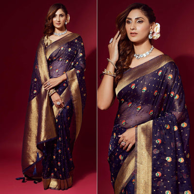 Blue Woven Organza Saree With Tassels