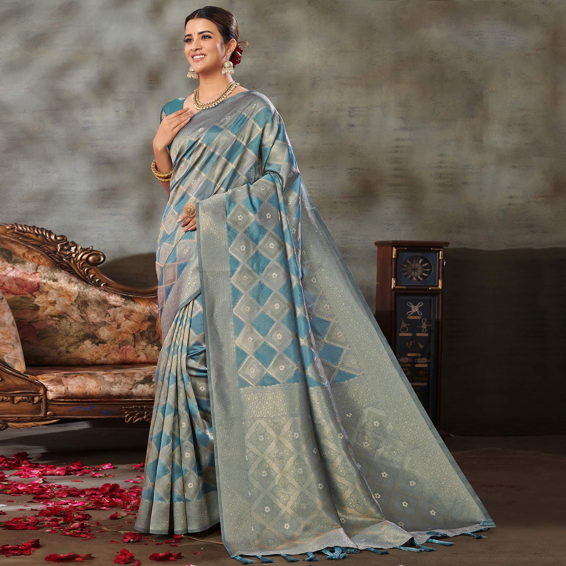 Blue Woven Organza Saree With Tassels