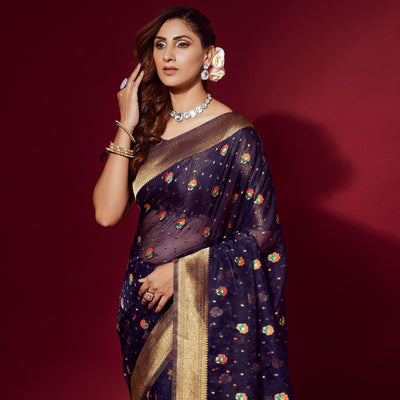 Blue Woven Organza Saree With Tassels