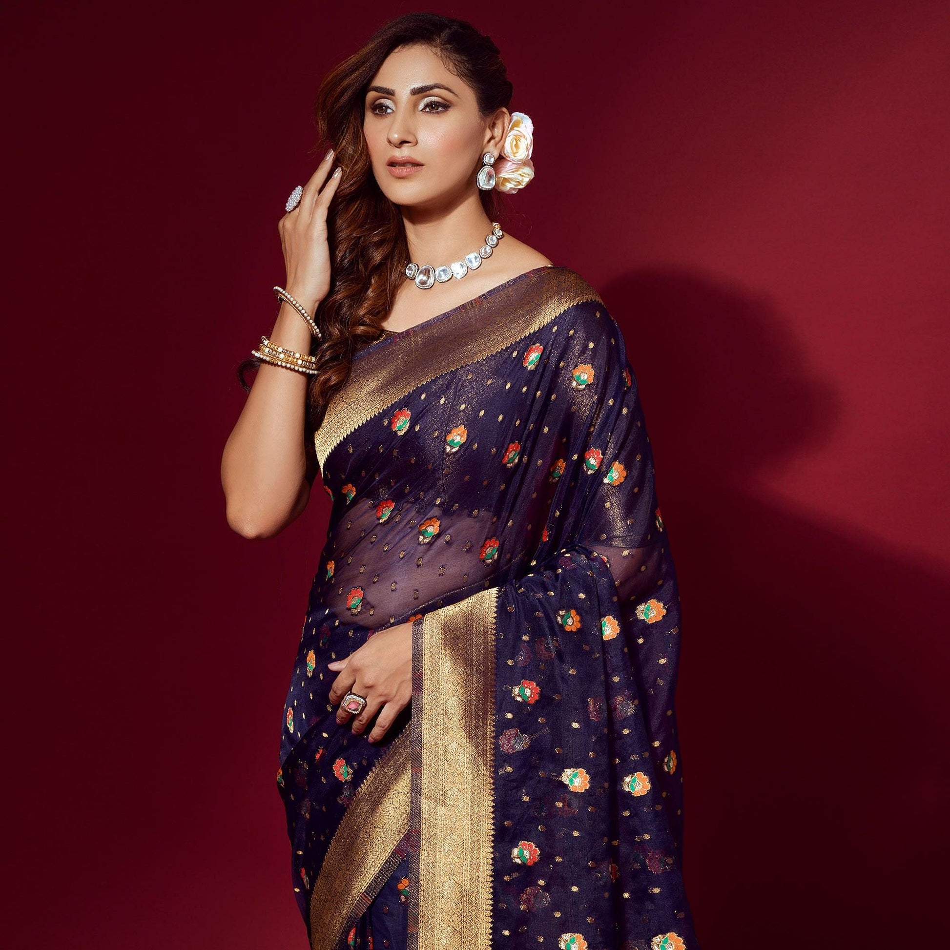 Blue Woven Organza Saree With Tassels