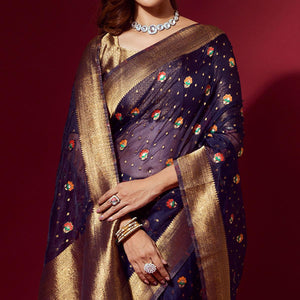 Blue Woven Organza Saree With Tassels