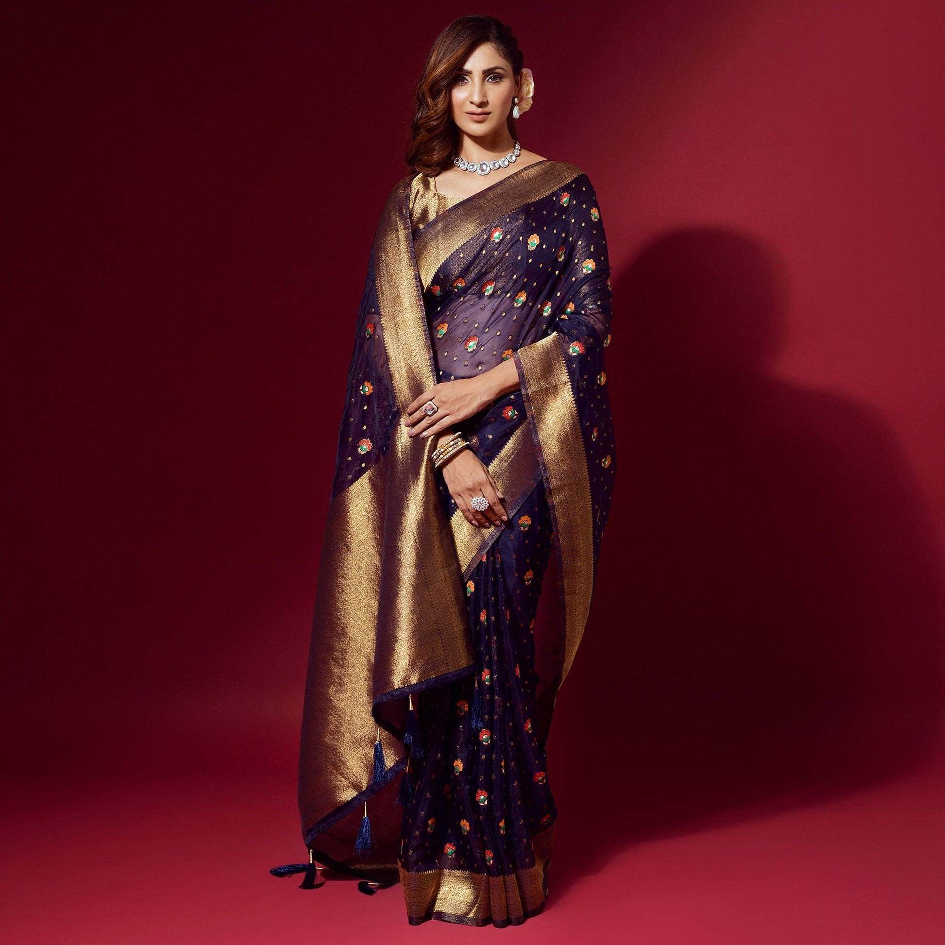 Blue Woven Organza Saree With Tassels