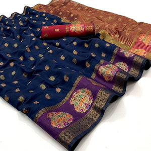 Blue Woven Cotton Blend Saree