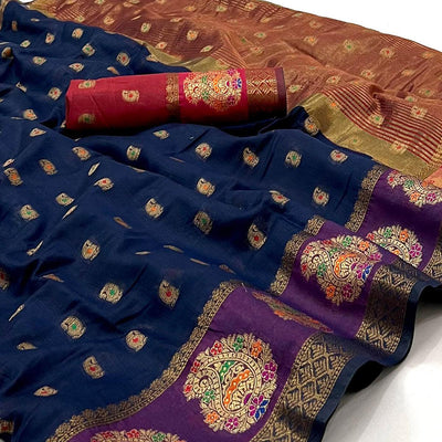 Blue Woven Cotton Blend Saree