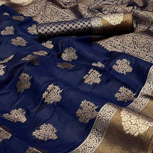 Blue Woven Cotton Blend Saree