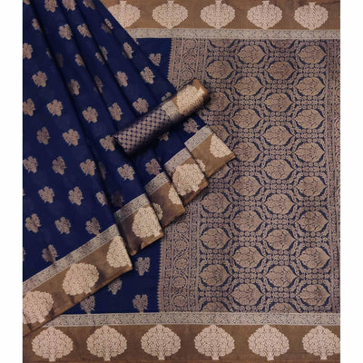 Blue Woven Cotton Blend Saree