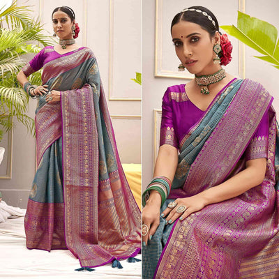 Blue Woven Pure Silk Saree With Tassels