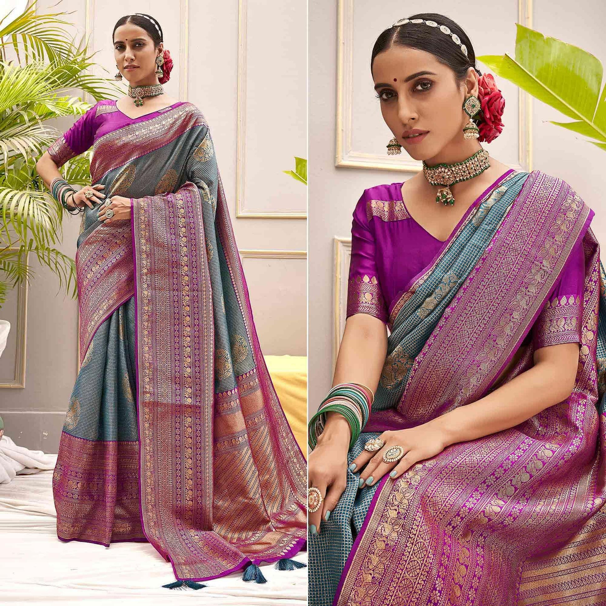 Blue Woven Pure Silk Saree With Tassels