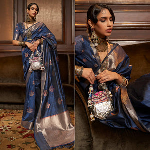Blue Woven Pure Silk Saree With Tassels