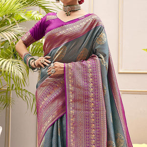 Blue Woven Pure Silk Saree With Tassels