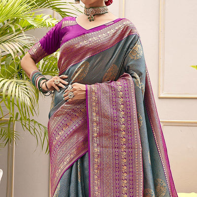 Blue Woven Pure Silk Saree With Tassels