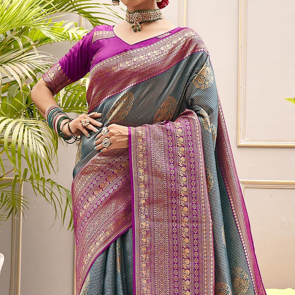 Blue Woven Pure Silk Saree With Tassels