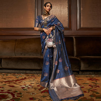 Blue Woven Pure Silk Saree With Tassels