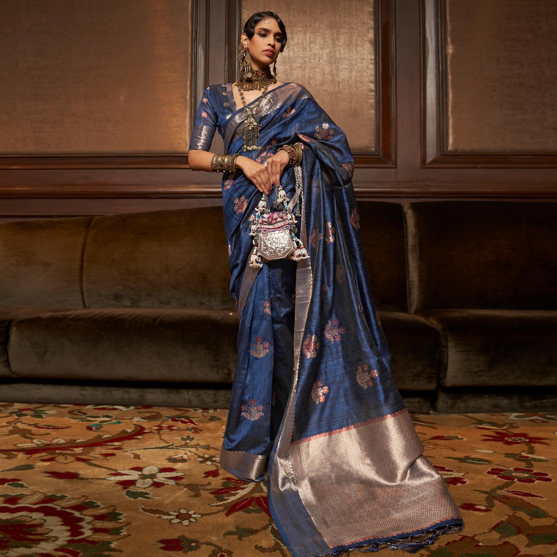 Blue Woven Pure Silk Saree With Tassels
