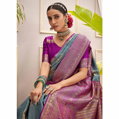 Blue Woven Pure Silk Saree With Tassels