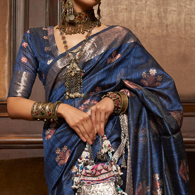 Blue Woven Pure Silk Saree With Tassels