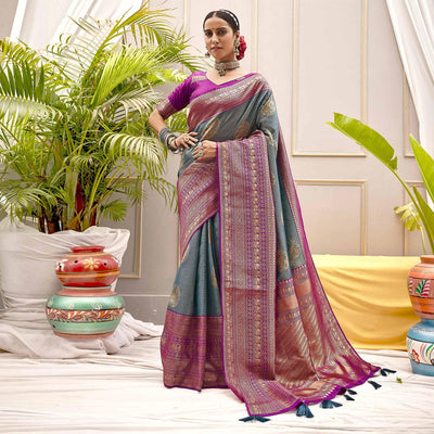 Blue Woven Pure Silk Saree With Tassels