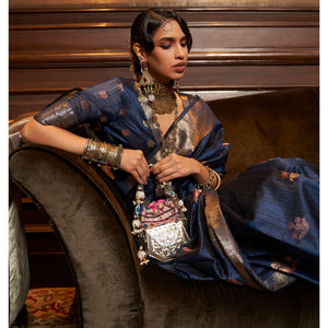 Blue Woven Pure Silk Saree With Tassels