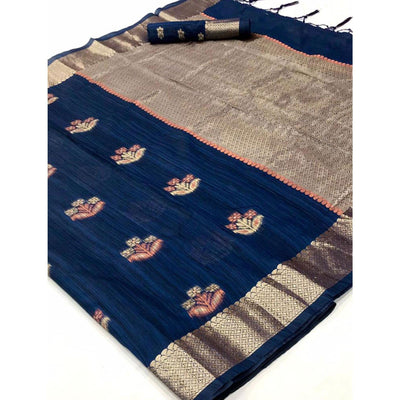 Blue Woven Pure Silk Saree With Tassels