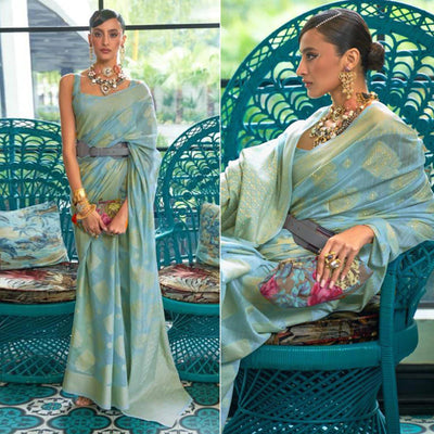 Blue Woven-Sequins Handloom Silk Saree