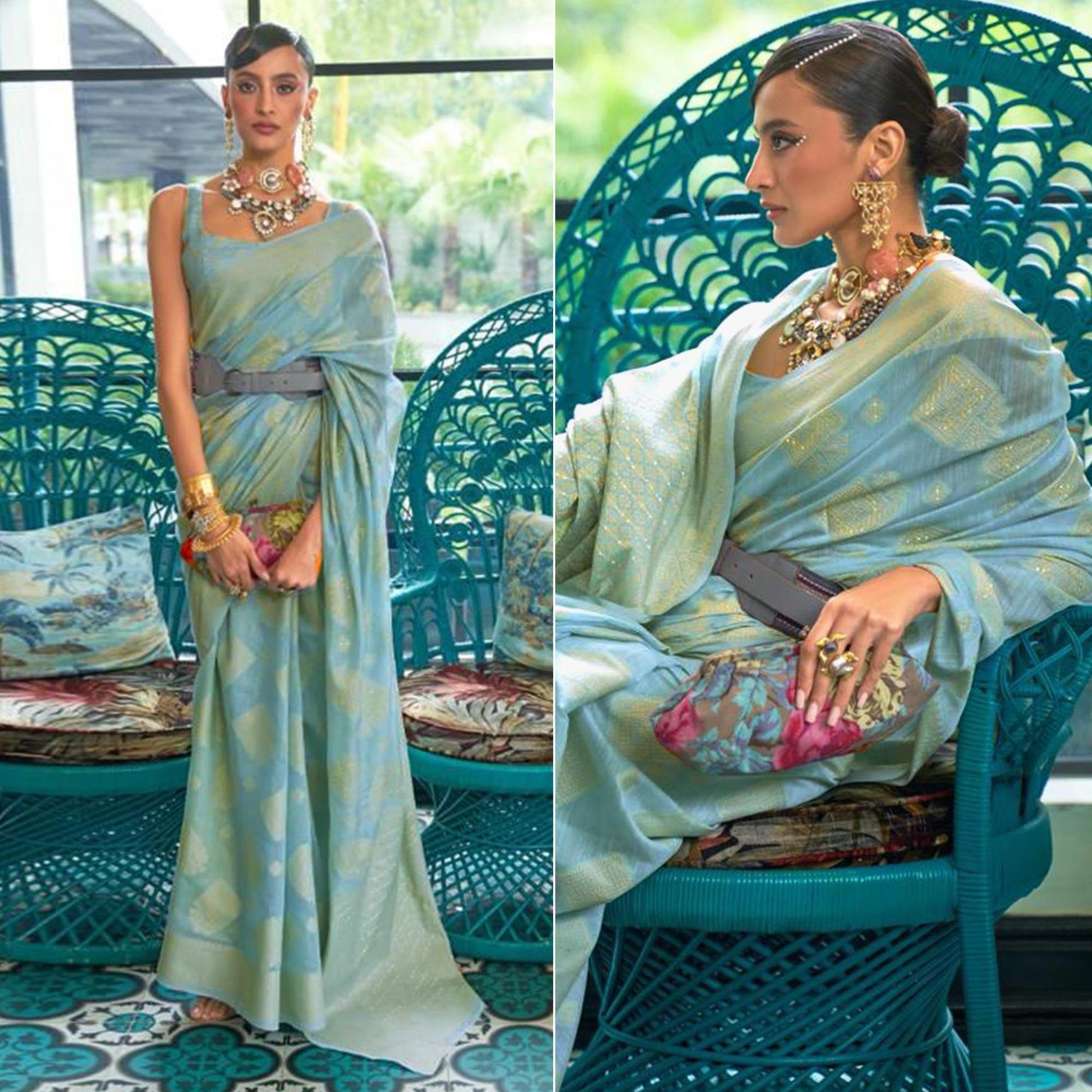 Blue Woven-Sequins Handloom Silk Saree