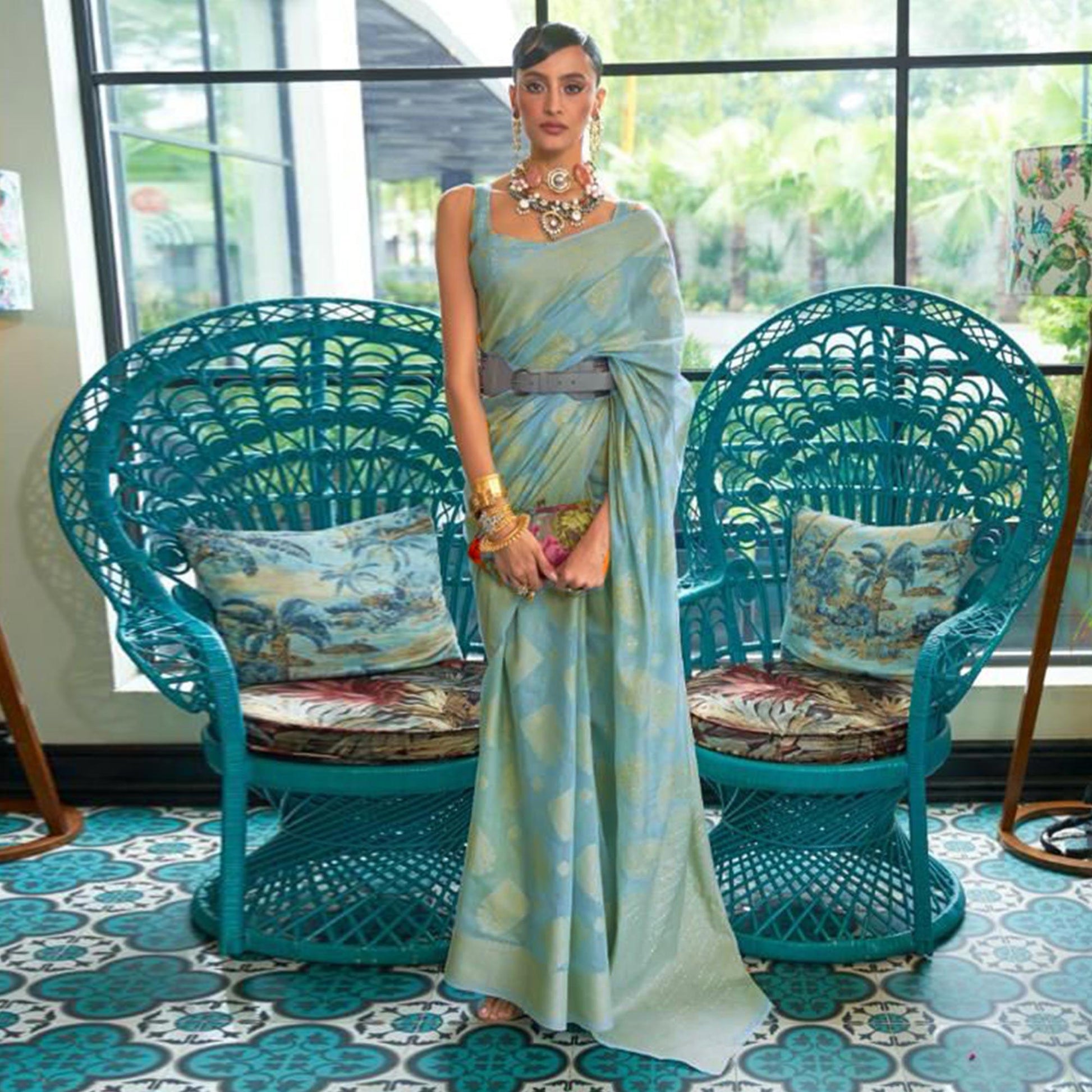 Blue Woven-Sequins Handloom Silk Saree