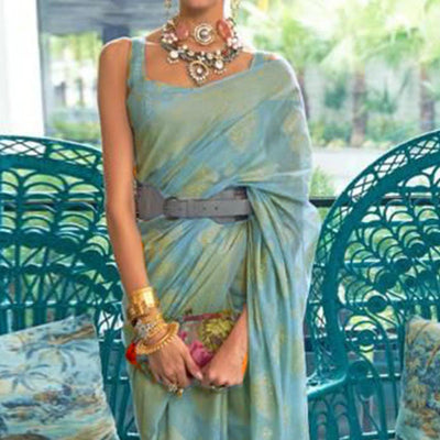 Blue Woven-Sequins Handloom Silk Saree