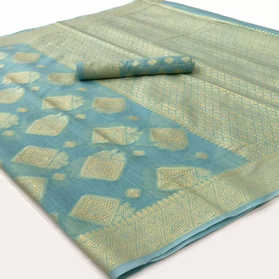 Blue Woven-Sequins Handloom Silk Saree