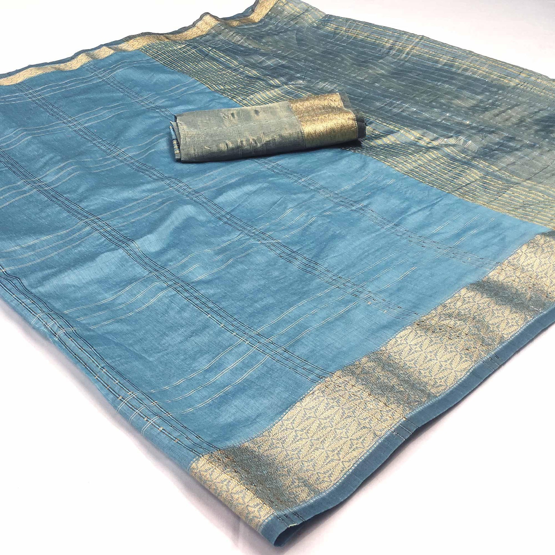 Blue Woven-Sequins Work Chanderi Saree